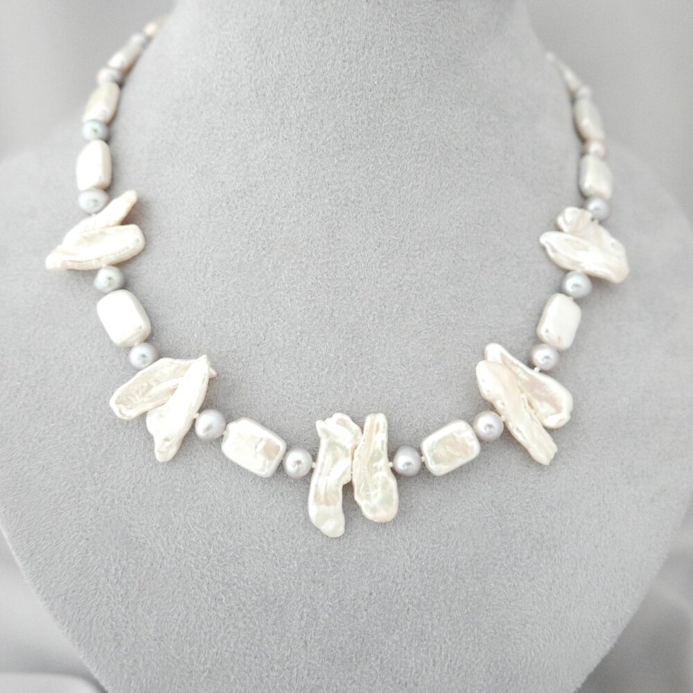 White and Grey Freshwater Pearl Single Strand Necklace - Sterling Silver